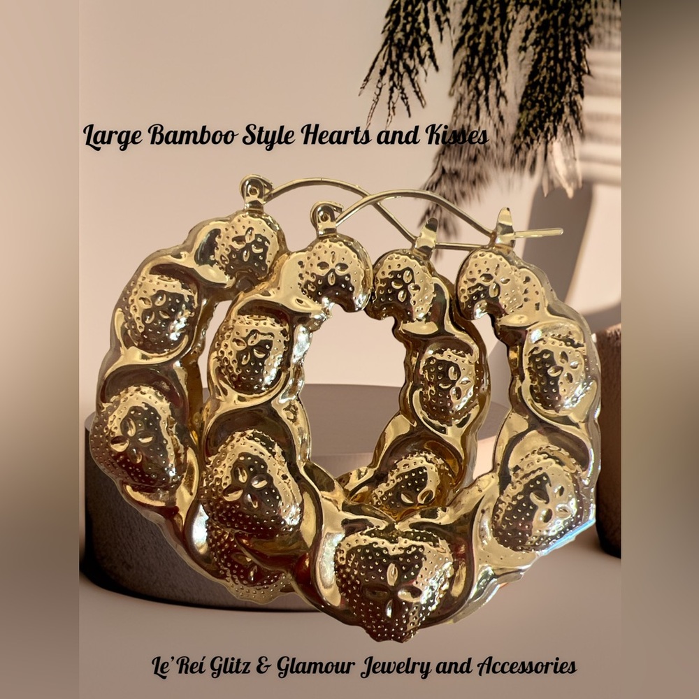 Large Gold Filled Bamboo Style hearts and kisses earrings